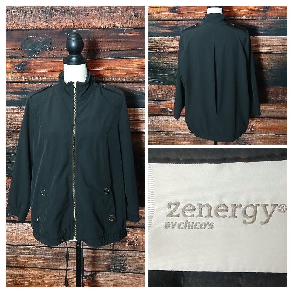 Chicos Zenergy Active Jacket Size 1 US M Black Full Zip Snap Pockets 3/4 Sleeve